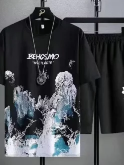 Summer T shirt for men Casual set Silk Gradient Short Men Sleeve T-shirt Shorts Set Men's Sport set Outfit Y2K Male Clothing