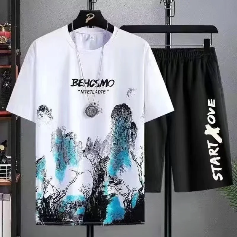 Summer T shirt for men Casual set Silk Gradient Short Men Sleeve T-shirt Shorts Set Men's Sport set Outfit Y2K Male Clothing