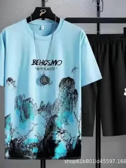 Summer T shirt for men Casual set Silk Gradient Short Men Sleeve T-shirt Shorts Set Men's Sport set Outfit Y2K Male Clothing