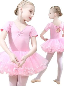 Girls Ballet Dress Tutu Slim Dance Leotards Dress Short Sleeve Dress (7-8 Years Old)