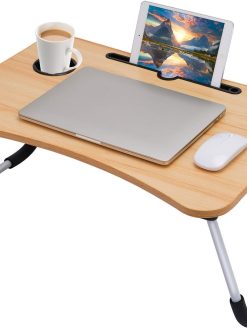 Sky-Touch Portable Folding bed Table, Laptop Desk With ipad and Cup Holder Adjustable Lap Tray Notebook Stand,Foldable Non-slip Legs Reading Table Tray for working,studing,camping 60×40×28cm Beige
