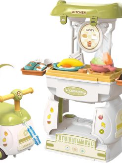 Pretend Play Kitchen Toy，2-in-1 Kids Storage Cart Transforms into a Play Kitchen, Kids Kitchen Playset with 26 Play Food Toys, Toy Kitchen Accessories with Real Sounds for Toddlers, Girls and Boys.