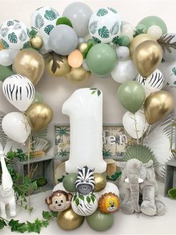 Jungle Safari Party Supplies, 1st Birthday Party Decorations Supplies,Green White Gold Balloon Arch Kit for Baby Shower Birthday Party Decorations