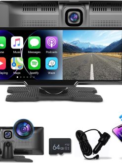 podofo Portable Wireless Apple Carplay Car Stereo, 9.3 HD IPS Touchscreen Car Radio Support Bluetooth/Maps Navigation/Wireless Android Auto/AUX/TF,Built in Front View Camera,Loop Recording