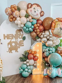 FUSU Safari Balloon Arch Garland Kit, 128pcs Animal Printed Sage Green Brown Balloons with Monkey Elephant Lion Foil Balloon for Giraffe Jungle Wild One Birthday Party Decorations Baby Shower Supplies