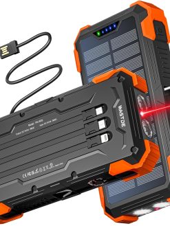 WASTDE Solar Power Bank 26800mAh with 4 Cables, Power Bank 15W USB C Fast Charging 5 Outputs 3 Inputs, Solar Charger with Flashlight (SOS/Strobe/Strong), Red Light, Thermometer