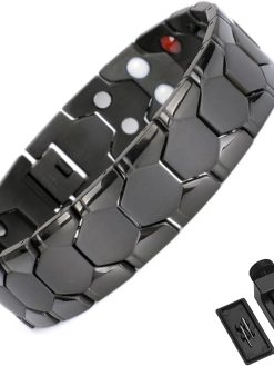 PUJANE Mens Magnetic Bracelet, 316L Stainless Steel 4 Elements Magnet Energy Bracelet, Ultra Strength 3500 Gauss Magnets Jewelry Gift with Adjustment Tool