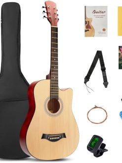 SHINEDOWN 38 inch Acoustic Guitar in Full Size Black Beginner All Wood Cutaway Starter Set with Free Bag/Tuner/Capo/A Pack of Strings/Strap/3 Single Strings/Cloth/Picks/String Cutter/Tutorial