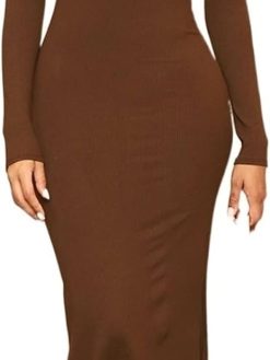 INGVY Long Dresses for Women Summer Women Long Sleeve Scoop Neck Dress Casual Evening Party Mermaid Dress (Color : Light Brown, Size : L)
