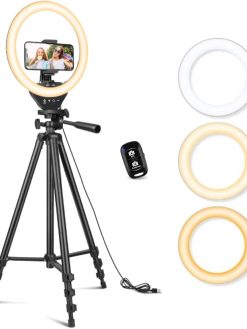 Sensyne 10'' Ring Light with 50'' Extendable Tripod Stand, LED Circle Lights with Phone Holder for Live Stream/Makeup/YouTube Video/TikTok, Compatible with All Phones