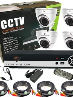 Tomvision 4Channel AHD CCTV Kit 960P/2.0MP Camera 4CH Kit with Hybrid 5in1 1080N DVR Security Recording System with 4pcs Plastic Indoor Dome Camera Alarm System&P2P Clouds Home Security