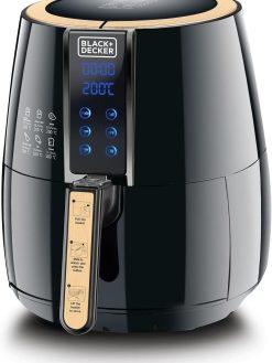 BLACK & DECKER Digital Air Fryer, 1500W, 4L Capacity with Rapid Air Convection Technology, Multi-Function for Frying, Baking, Grilling, Roasting, Safety Lock, Cool Touch Handle - Black/Gold, AF400-B5