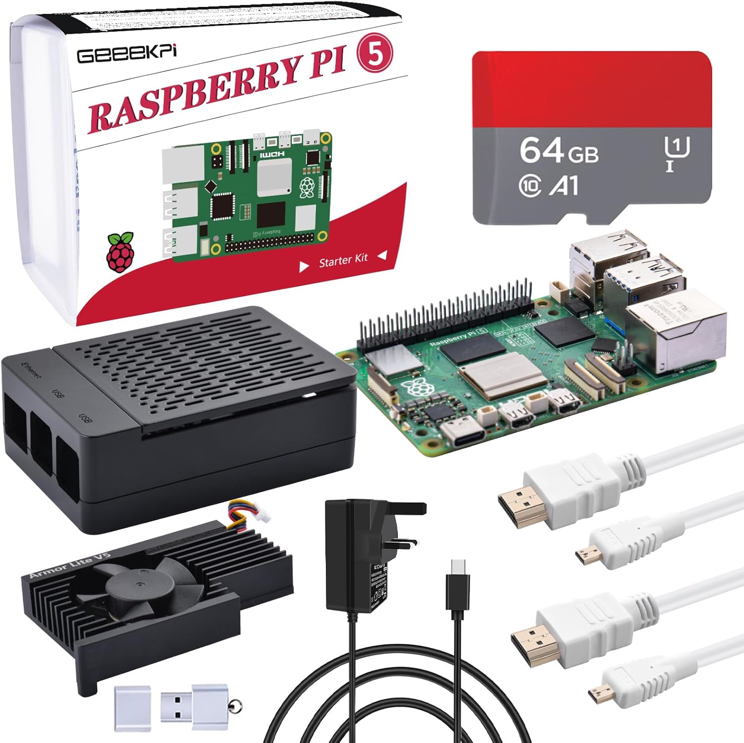 GeeekPi Starter Kit for Raspberry Pi 5 4GB, with Raspberry Pi 5 & Active Cooler, Case, 64GB Card, Card Reader,HDMI Cables and 27W USB C Power Supply