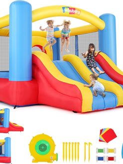 Whubefy Bounce House for Kids 3-10, Indoor/Outdoor Double Slide Obstacle Bounce House with Blower, Inflatable Jumping Castle with Center Hoop, Family Backyard Bouncy Castle, Party & Birthday & Gift