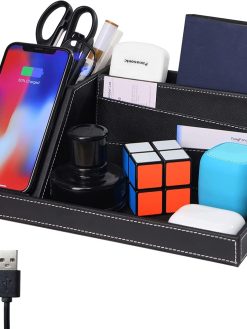 Topmade Fast Wireless Charger with Desk Organizer USB Charging Station,Wireless Charging Station, Desk Storage,for iPhone 15/14/13/12/Xs MAX/XR/XS/X/8, Samsung S10/S9/S9+/S8/S8+ and More(Black)