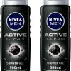 NIVEA MEN 3in1 Shower Gel Body Wash, Cleansing Active Clean Charcoal Woody Scent, 2x500ml