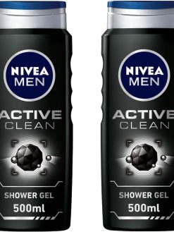 NIVEA MEN 3in1 Shower Gel Body Wash, Cleansing Active Clean Charcoal Woody Scent, 2x500ml