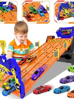 Cars Truck Toys for Boys Ages 3 4 5 6 7 8, Portable Race Track Truck Toy Car with 5 Race Cars & Upgraded 5 Tracks Transport, Best Gift Carrier Truck Vehicles Toys Set for Kids Boys Girls