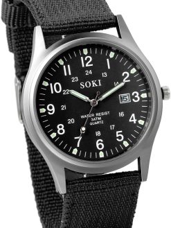 SYOSI Nylon Strap Wrist Watch Men's Military Sport Watch Analog Quartz Watch with Date Sub Window