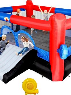 WELLFUNTIME Inflatable Bounce House with Slide, Jumping Castle with Blower, Dartboard, Dual Basketball Hoop, Dual Kicking Boards, Jumping Area for 6 Kids Bouncy House with Slide