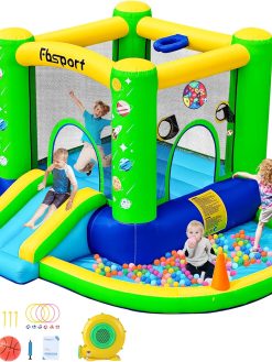 FBSPORT Inflatable Bounce House, Kids Bounce Castle Slide for Indoor Outdoor,Toddler Baby Jumper Bouncer, Kids Jumping Bouncy House with Blower, Ball Pit Pool, Basketball Hoop, Dart Game, Green