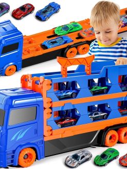Race Track and Die-Cast Transport Truck Toys for Toddlers 2 3 4 5 6 Years Old Boys Kids - 64 Inch Toddler Car Toy Set Gifts for Boys and Girls Birthday Gifts