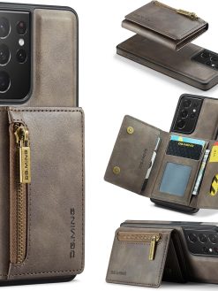 DM M5 2 in 1 Detachable Wallet Case, Retro Faux Leather Trifold Card Holder Zipper Pocket RFID Blocking Shockproof Phone Case (Coffe, Galaxy S21 Ultra)