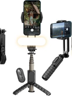TERRIFI Gimbal Stabilizer For Smartphones, 360° Rotation Tripod with Wireless Remote Fill Light, Portable Phone Holder Auto Balance 1-Axis Gimbal for Filming Bluetooth Selfie Stick Mobile Phone Holder