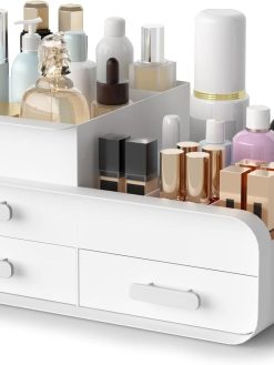TERRIFI Makeup Organiser Cosmetic Storage Box, Make up Organizer Dressing Table Plastic Cosmetics Holder with Drawer, Vanity Cosmetic Stand Containers for Beauty Skincare Jewellery, White