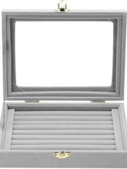 Sulfar Velvet Glass Ring Display Box Jewelry Holder Storage Organizer Case (Ring Box Gray)