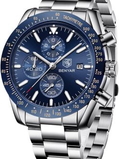 BY BENYAR Mens Watch 100M Waterproof Chronograph Date Watch for Men Brown Leather Strap Quartz Movement Analog Watch Business Casual Gift for Men