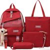 SSKE 4Pcs Backpacks Combo Set with Teddy Bear Pendant for Teenage Students - Canvas Laptop School Bag Sets for Kids with Tote Pencil Case, Book Bag, Back To School Supplies Daypack Kit (Red) - L