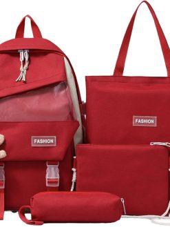 SSKE 4Pcs Backpacks Combo Set with Teddy Bear Pendant for Teenage Students - Canvas Laptop School Bag Sets for Kids with Tote Pencil Case, Book Bag, Back To School Supplies Daypack Kit (Red) - L