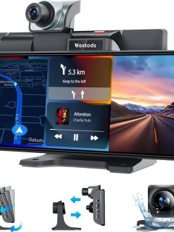 Westods Portable Wireless Carplay Car Stereo with 2.5K Dash Cam - 9.3" HD IPS Screen, Android Auto, 1080p Backup Camera, Loop Recording, Bluetooth, GPS Navigation Head Unit, Car Radio Receiver