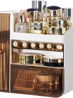 Hahamiya Makeup Organizer, 3 Tier Luxury Countertop Cosmetic Storage Box with Multifunctional Makeup Jewelry Drawer, Desktop Beauty Display Organiser Stand for Brushes, Lotions, Lipsticks