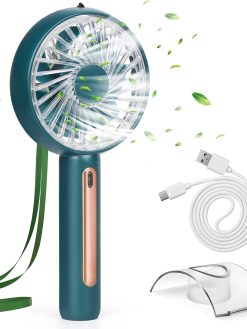 PADOM Handheld Fan, Portable Mini Fan Rechargeable with 4 Speeds, Hand Held USB Desk Fan with Cellphone Stand & Adjustable Angle for Office Home Outdoor Traveling (Green)