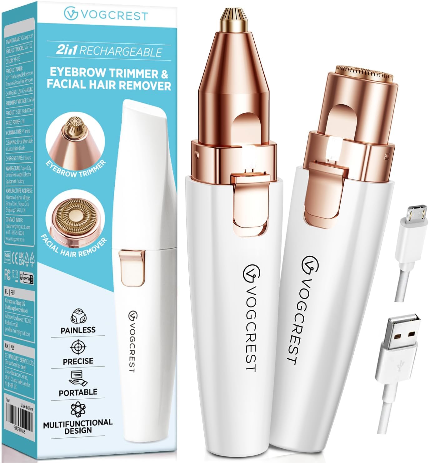 Rechargeable Eyebrow Trimmer & Facial Hair Remover for Women, 2 IN 1 Eyebrow Razor and Flawless Hair Remover, Eyebrow Lips Nose Body Facial Hair Removal for Women with Built-in LED Light (White)