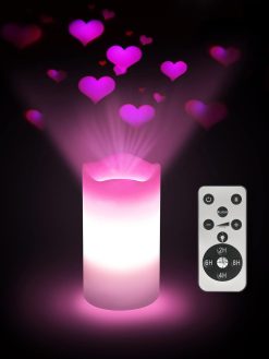 PINKE Candles Valentine Romantic Pink Heart Projector Night Light Battery Operated, Night Light Projector with Remote and Timer, LED Candle Home Decorations
