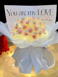 Goodern Artificial Rose Bouquet Decor with LED Lights,DIY 33 Simulate Rose Flowers Artificial Rose Pearl Bouquet Craft Gifts for Wife Mother Girlfriend on Valentine's Day,Birthday,Anniversary-Pink