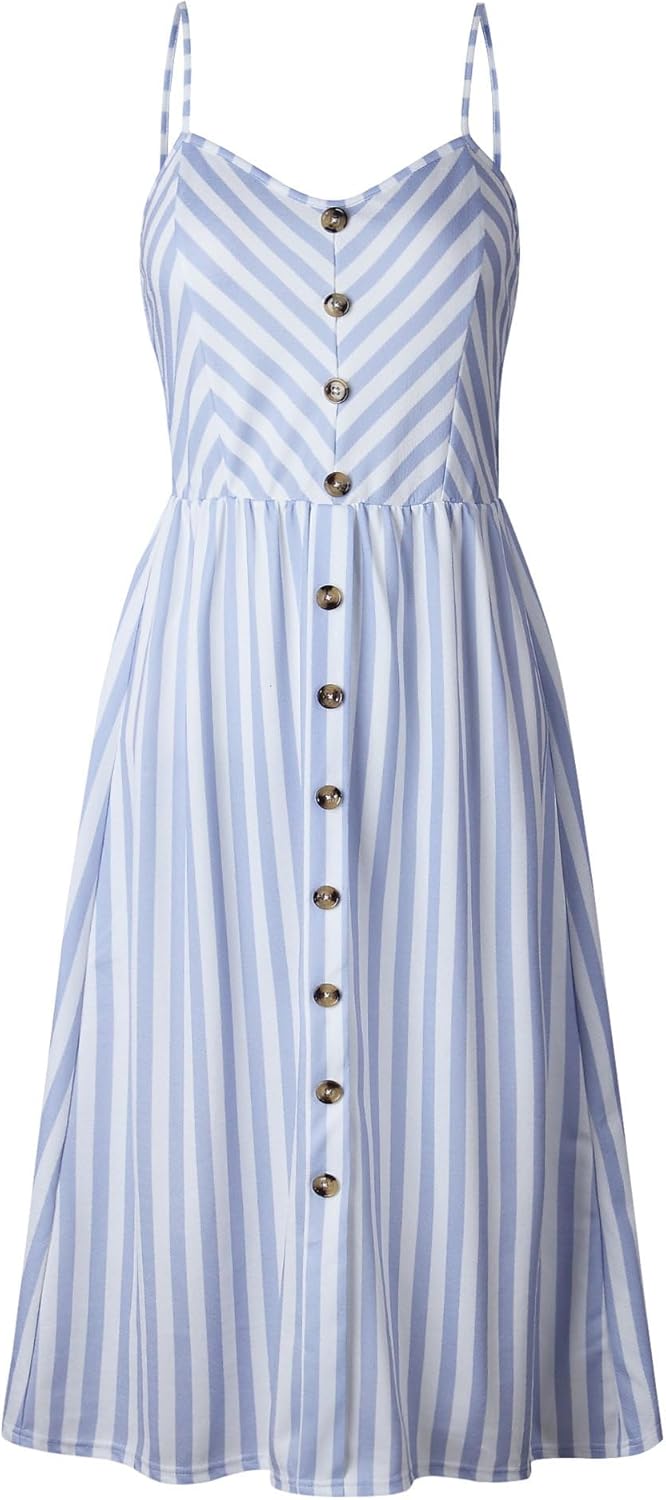 UBANT Women's Dress Summer Spaghetti Strap Sundress Casual Floral Midi Backless Button Up Swing Dresses with Pockets