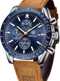 BY BENYAR Mens Watch 100M Waterproof Chronograph Date Watch for Men Brown Leather Strap Quartz Movement Analog Watch Business Casual Gift for Men
