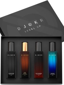 DJOKR Perfume Gift Set for Men Pack of 4x20 ML | Eau De Parfum | Premium Luxury Long Lasting Fragrance Spray | Signature, On The Rocks, Oud Wood, Marine (4x20 ml)