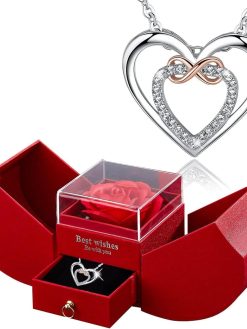REVHQ Preserved Red Rose with I Love You Necklace -Valentines Day Gifts for Her Forever Red Rose Gifts for Girlfriend Mom Grandma Birthday Mothers Day for Women-Red
