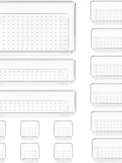 Vtopmart 15 PCS Clear Plastic Drawer Organizer Set, 4-Size Versatile Bathroom and Vanity Desk Organizer Trays, Drawer Organiser for Makeup, Bedroom, Kitchen and Office