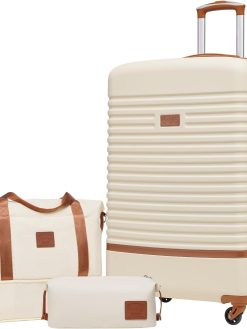 COOLIFE Suitcase Trolley Carry On Hand Cabin Luggage Hard Shell Travel Bag Lightweight,The Suitcase Included 1pcs Travel Bag and 1pcs Toiletry Bag (White/Brown, 28 Inch Luggage Set)