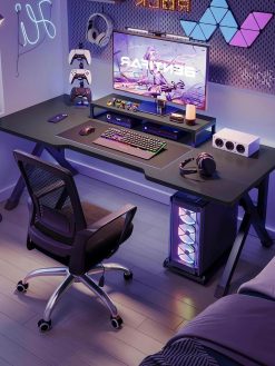 LTLCLZ Gaming Desk Computer Desk 60x100CM, Ergonomic Gaming Table with K-Shaped Steel Legs, Cable Holes, Sturdy PC Workstation Desk Desks for Bedroom,Office (Black)