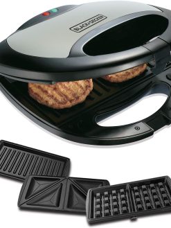 Black & Decker 750W Sandwich Maker 2 Slot Non-Stick 3in1 Interchangable Sandwich Grill And Waffle Maker, With Indicator And Ready to Cook Lights For Quick and Easy Dishes TS2090-B5 2 Years Warranty