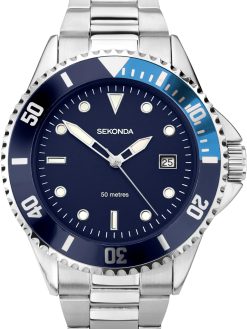 Sekonda Mens 39mm Dive Style Sports Quartz Watch Stainless Steel Bracelet Date Window 50m Water Resistant