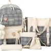 TAPIT 5PCS School Backpacks Combo Set with Bear Pendant Back to School Supplies Cute Schoolbag Lunch Bag Pencil Case Shoulder Bag Travel Bag Gifts for Girls Grey Plaid, One Size