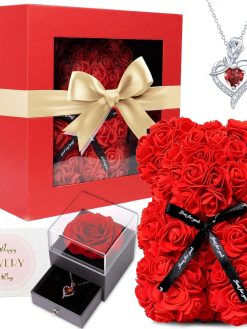 Women's Rose Bear Valentines Day Gifts for Her Heart Pendant Necklace Eternal Roses Flower Box Card Anniversary Birthday Ideal Gift for Women Wife Girlfriend Mom